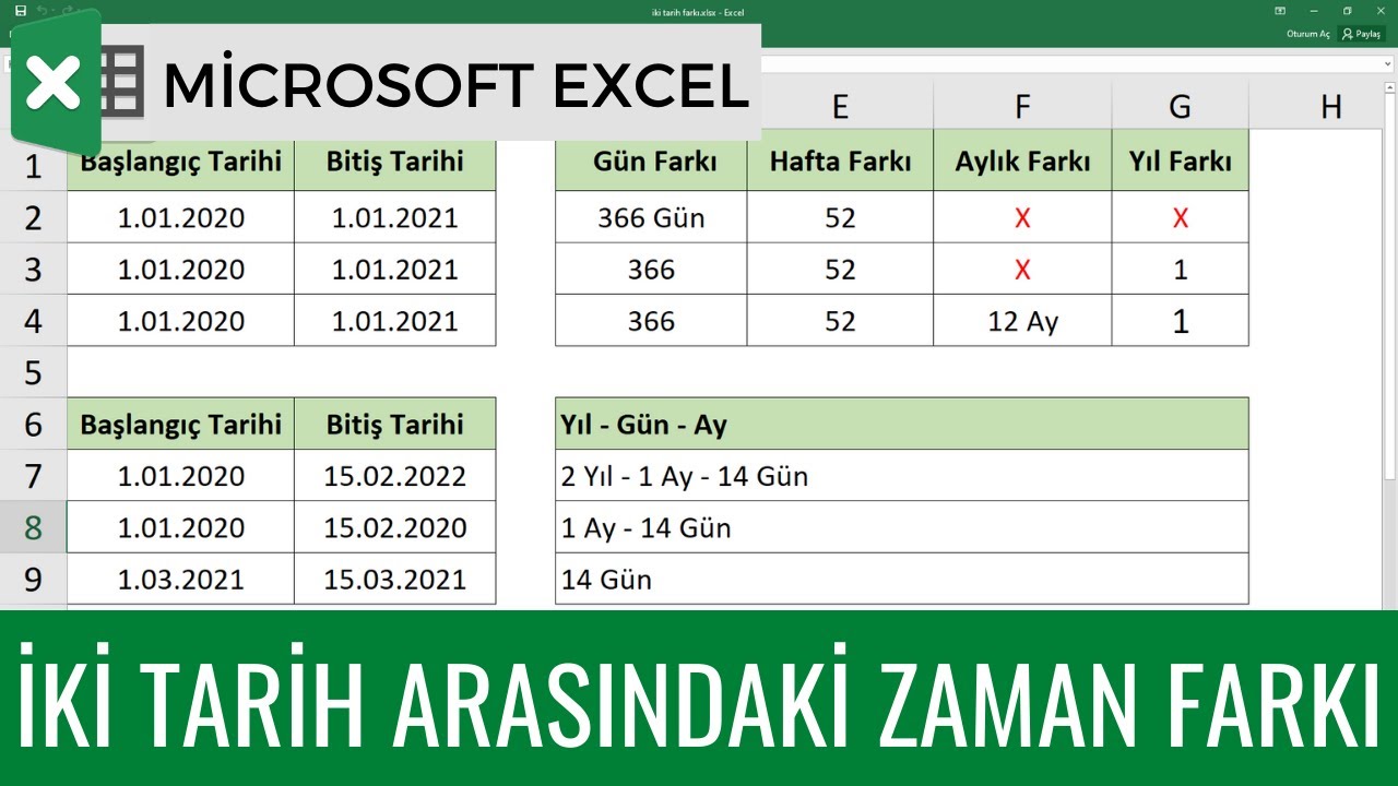 Excel - İki Tarih Arasındaki Gün-Hafta-Ay-Yıl Farkı